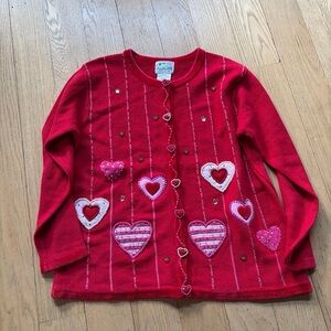 Quacker Factory Women's Valentine's Cardigan Red Heart Appliqué Bead L Teacher
